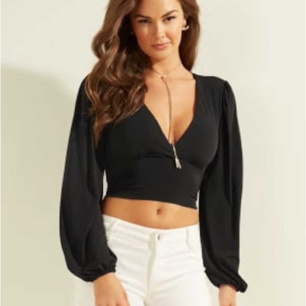 NWOT Guess Carrie Deep V Top in Jet Black